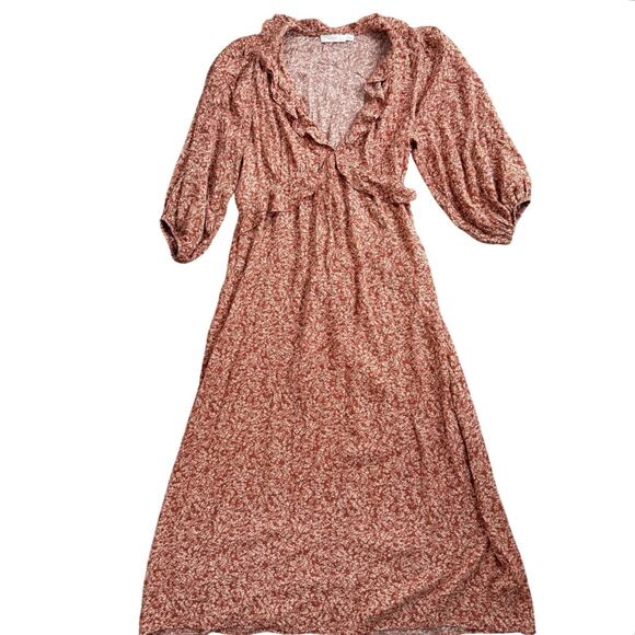 Lush Rust Floral V-Neck Ruffle Midi Dress Size Small - Picture 2 of 6